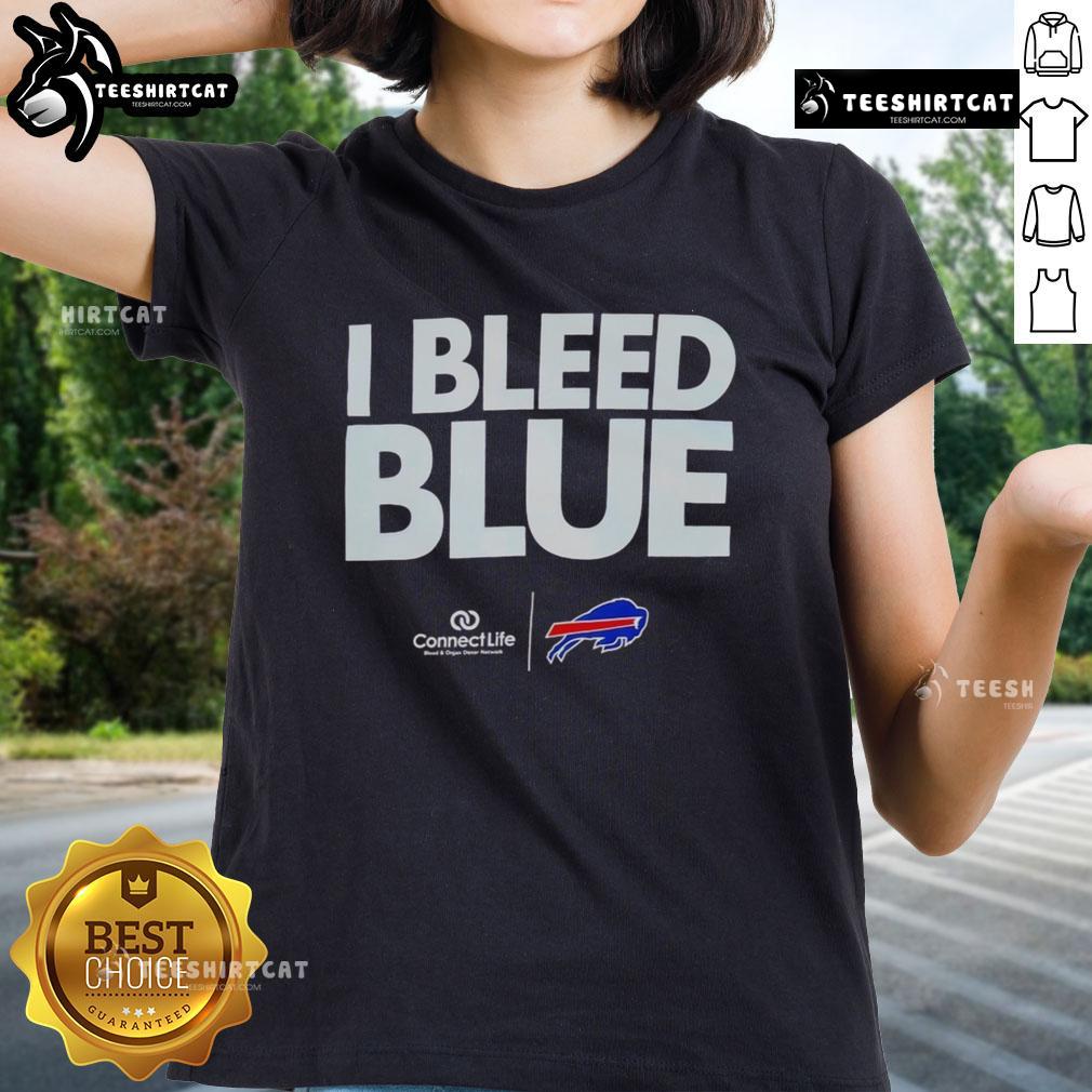 Alt Text: Official I Bleed Blue Buffalo Bills logo ladies tee featuring bold team colors and stylish design for female fans.