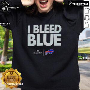 Alt Text: Official I Bleed Blue Buffalo Bills logo sweatshirt featuring vibrant team colors and a stylish design for fans.