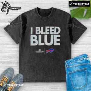 Alt Text: Official I Bleed Blue Buffalo Bills logo on a washed t-shirt, perfect for fans showing team spirit and style.