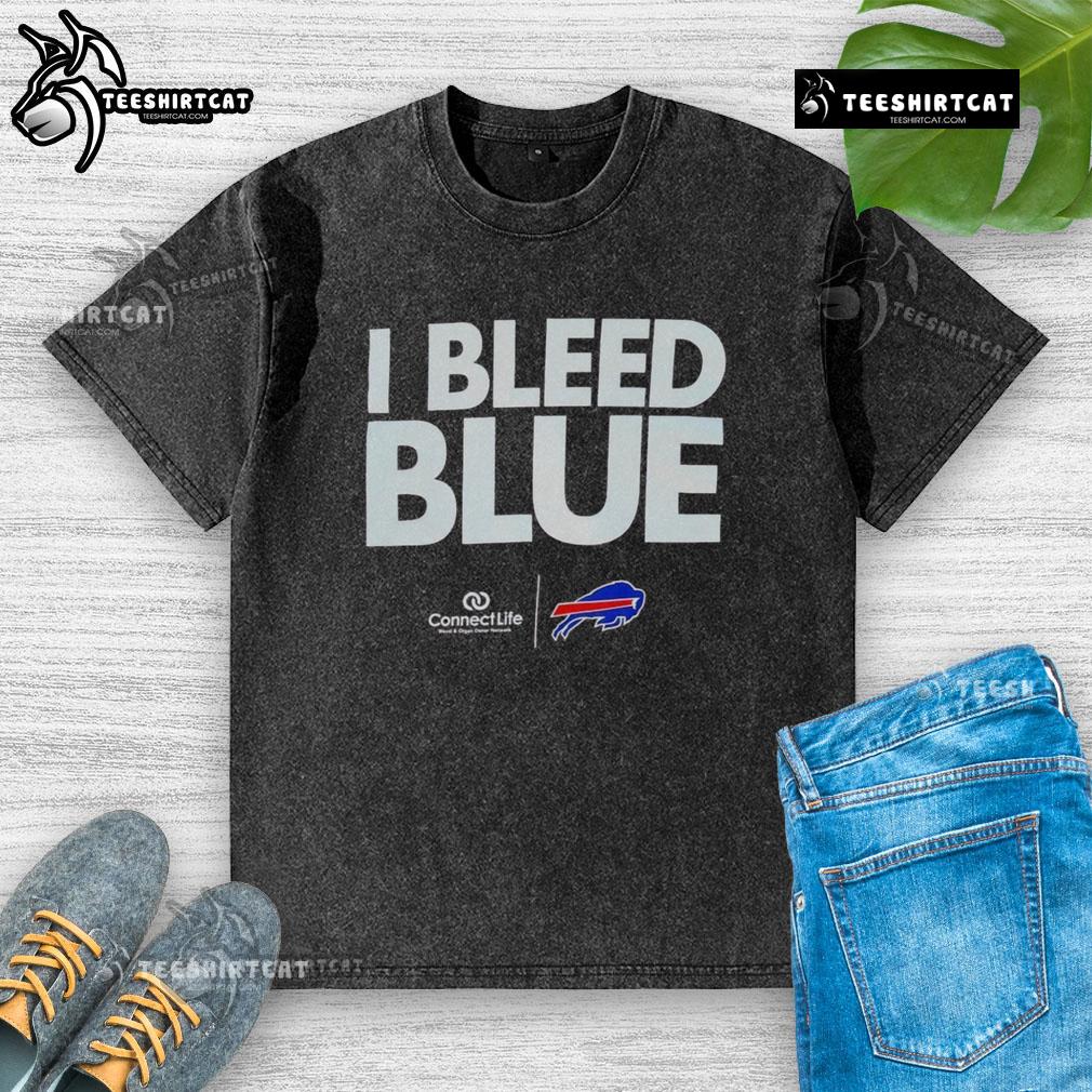 Alt Text: Official I Bleed Blue Buffalo Bills logo on a washed t-shirt, perfect for fans showing team spirit and style.