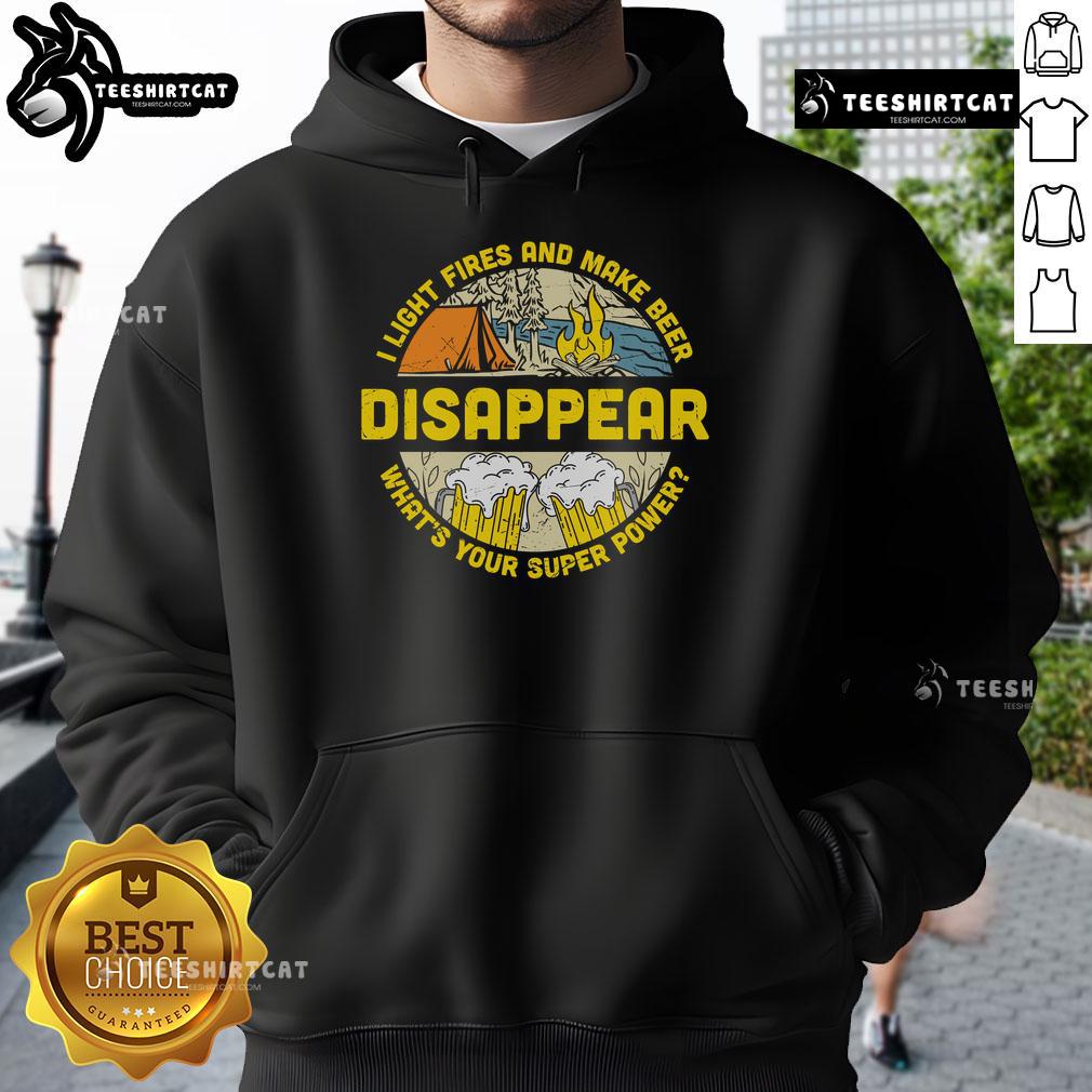 Cozy hoodie for camping beer lovers featuring 'I Light Fires and Make Beer Disappear' design, perfect for outdoor adventures.