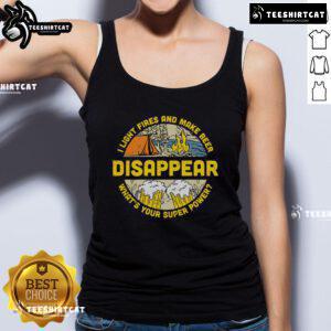 Camping beer lover tank top featuring 'Official I Light Fires and Make Beer Disappear' design in outdoor setting.
