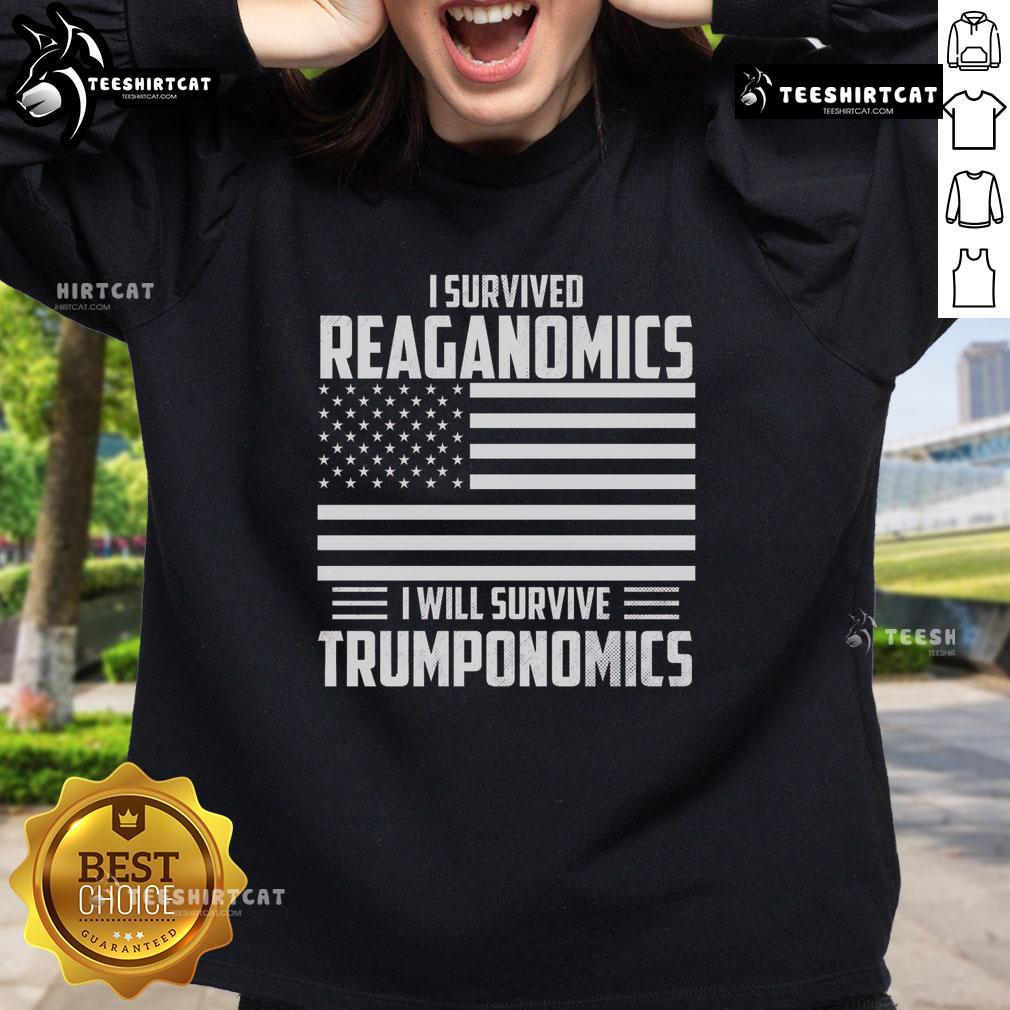 Cozy sweatshirt featuring 'I Survived Reaganomics, I Will Survive Trumponomics' slogan, perfect for political enthusiasts.