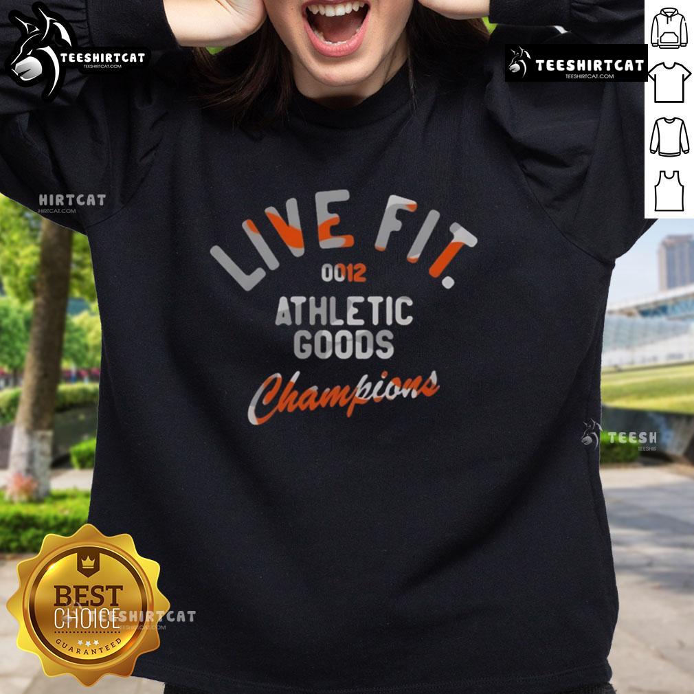 Alt Text: Official Live Fit 0012 Athletic Goods Champions Sweatshirt in black, showcasing a modern design and comfortable fit.