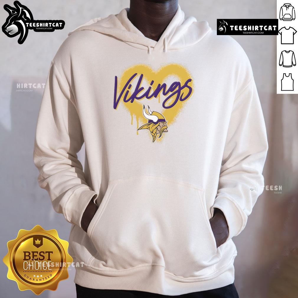Official Minnesota Vikings Football Spray Heart Hoodie in purple with logo, perfect for fans and game day attire.