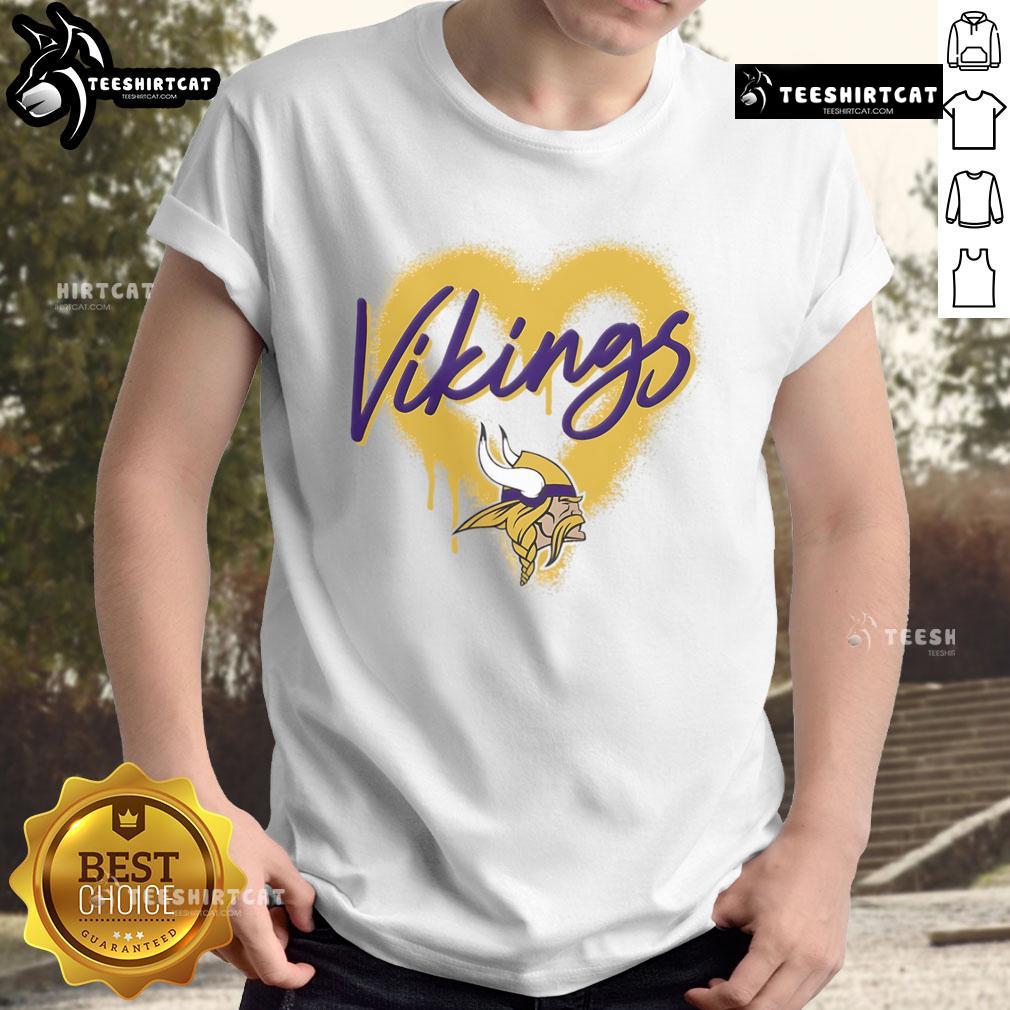 Alt Text: Official Minnesota Vikings Football Spray Heart T-Shirt featuring vibrant team colors and a stylish heart design.