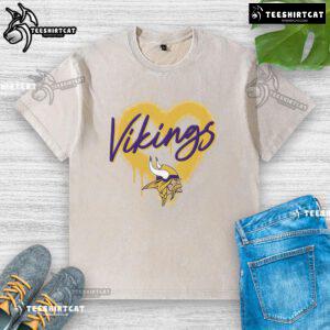 Official Minnesota Vikings Football Spray Heart Washed T-Shirt featuring vibrant team colors and stylish design.