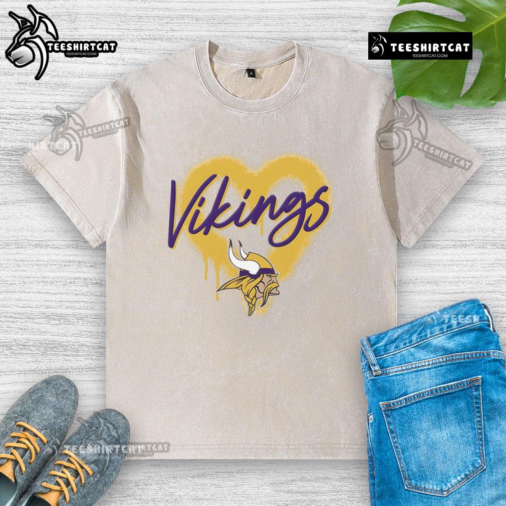 Official Minnesota Vikings Football Spray Heart Washed T-Shirt featuring vibrant team colors and stylish design.