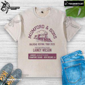 Alt Text: Official Mumford Sons Aug 3 2025 New Orleans LA washed t-shirt featuring band logo and vintage style design.