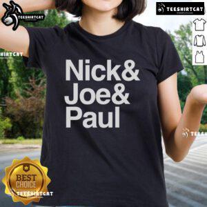 Official Nick Joe Paul Ladies Tee featuring stylish design and vibrant colors for fans of the popular trio.