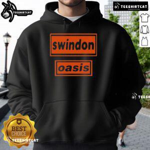Alt Text: Official Oasis Swindon 2025 Hoodie in black with logo, perfect for fans and stylish casual wear.
