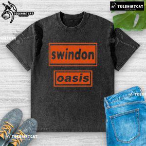 Official Oasis Swindon 2025 washed t-shirt featuring a vintage design and soft fabric, perfect for music fans.