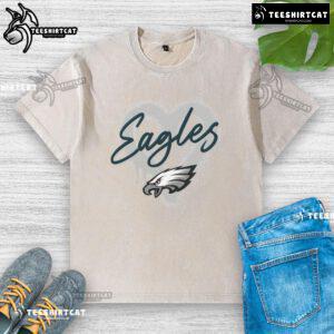 Official Philadelphia Eagles Football Spray Heart Washed T-Shirt showcasing team spirit in a stylish, comfortable design.