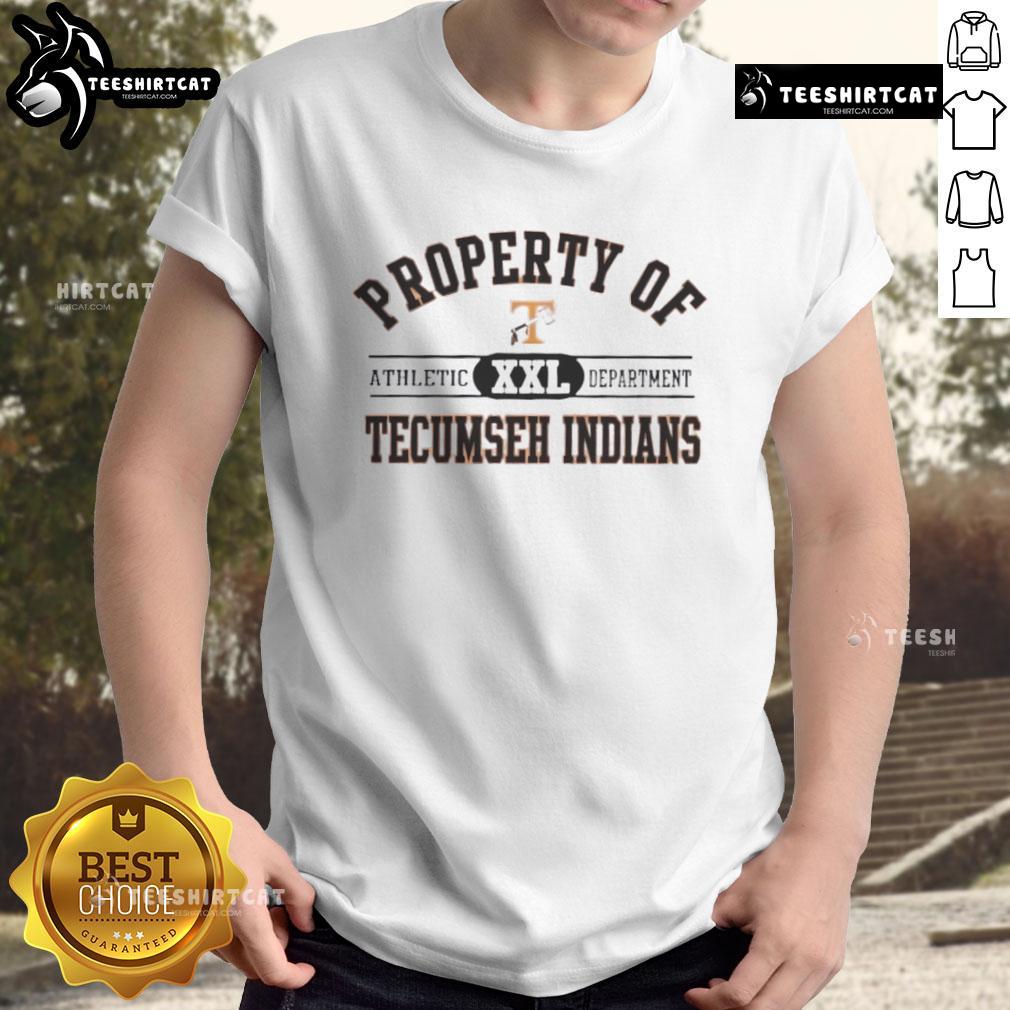 Alt Text: Official Property of Tecumseh Indians Athletic Department T-Shirt featuring logo and team colors for sports enthusiasts.