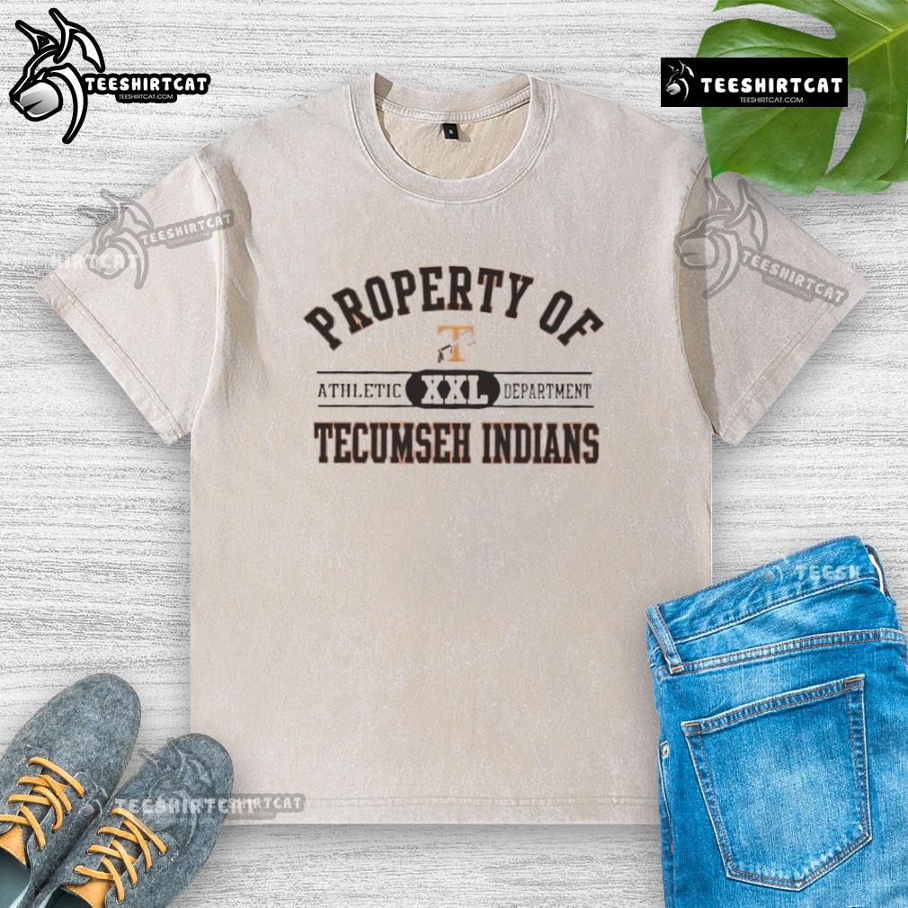 Alt Text: Official Property of Tecumseh Indians Athletic Department washed t-shirt in navy blue, showcasing school pride and spirit.