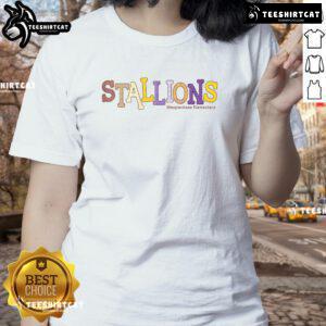 Alt Text: Official Steeplechase Stallions Elementary Pattern Ladies Tee featuring vibrant design and comfortable fit for women.