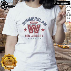 Alt Text: Official SummerSlam 2025 New Jersey ladies tee featuring vibrant design, perfect for wrestling fans and collectors.