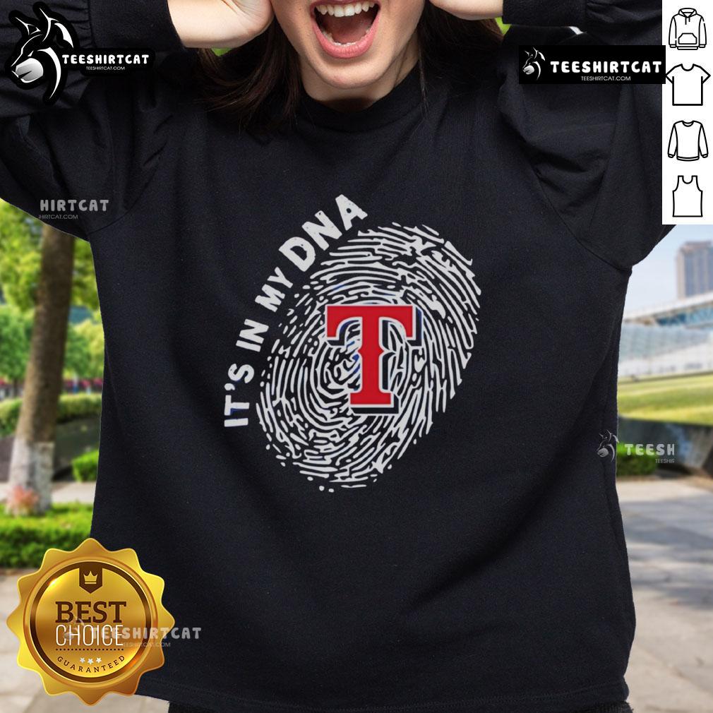 Official Texas Rangers In My DNA Sweatshirt featuring team colors and logo, perfect for fans of Texas Rangers baseball.