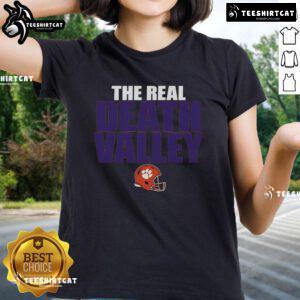 Alt Text: Original Clemson Tigers helmet design on a 2025 ladies tee, showcasing the iconic Real Death Valley theme.