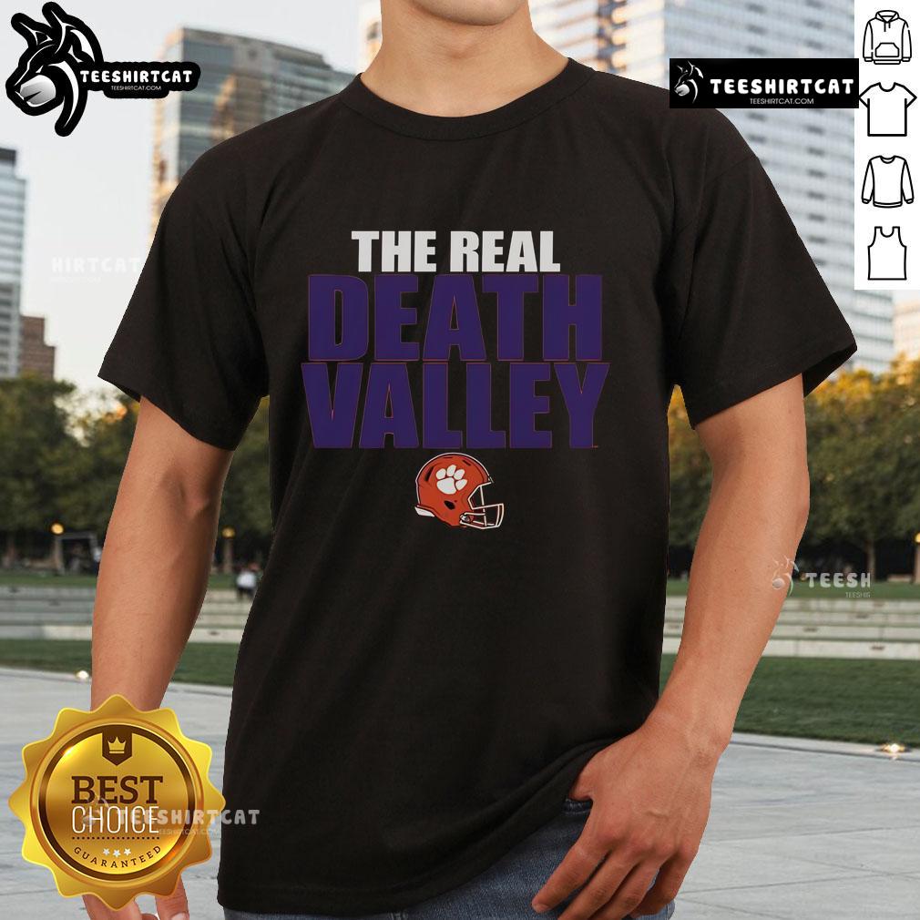 Original Clemson Tigers The Real Death Valley Helmet 2025 T-Shirt featuring vibrant team colors and logo design.