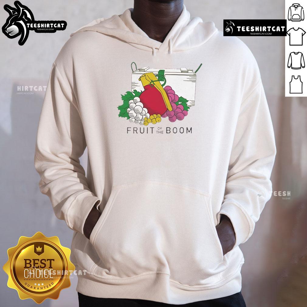 Original Fruits of the Boom Hoodie featuring vibrant fruit graphics on a stylish black background for trendy streetwear.