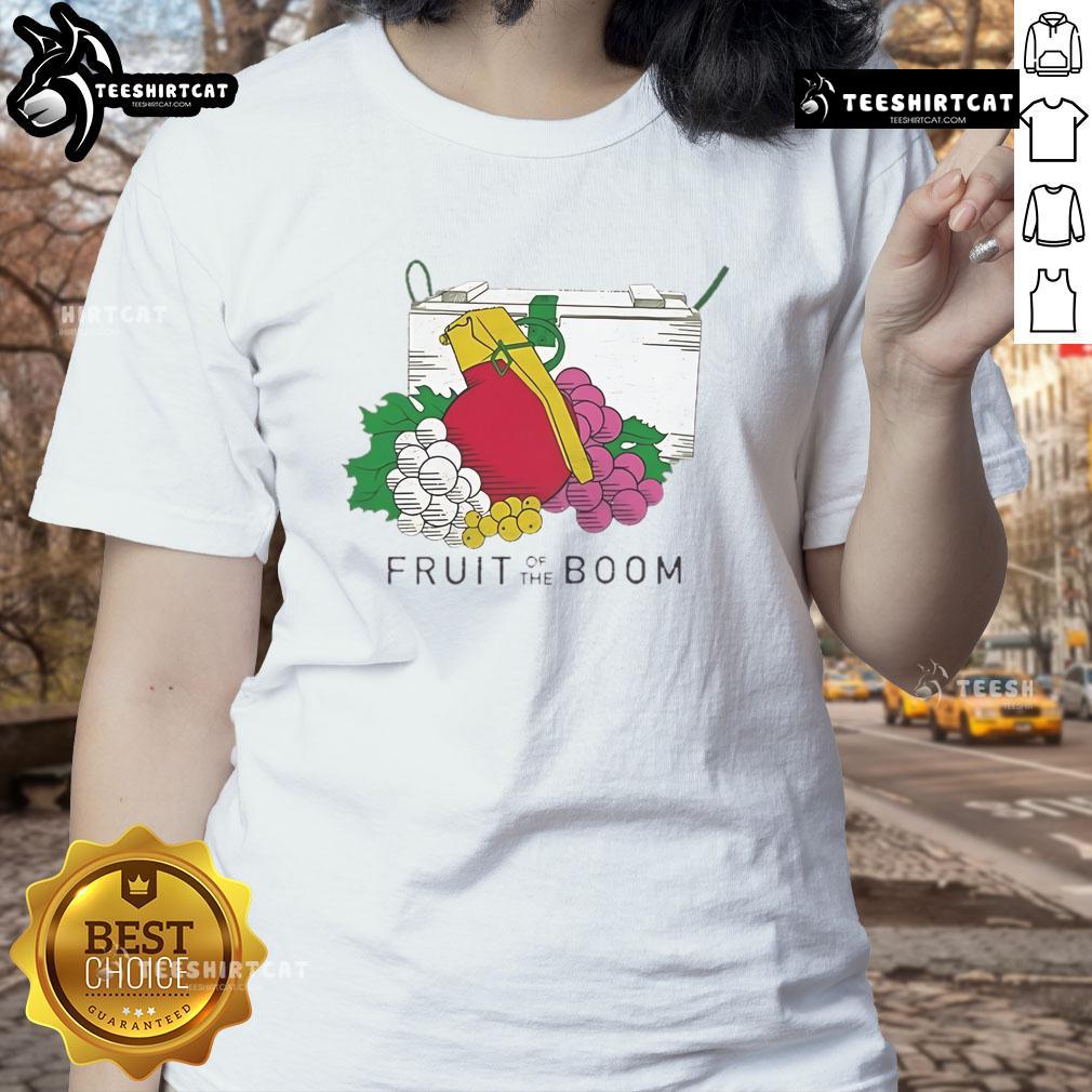 Original Fruits of the Boom Ladies Tee featuring vibrant fruit graphics on a stylish women's t-shirt.