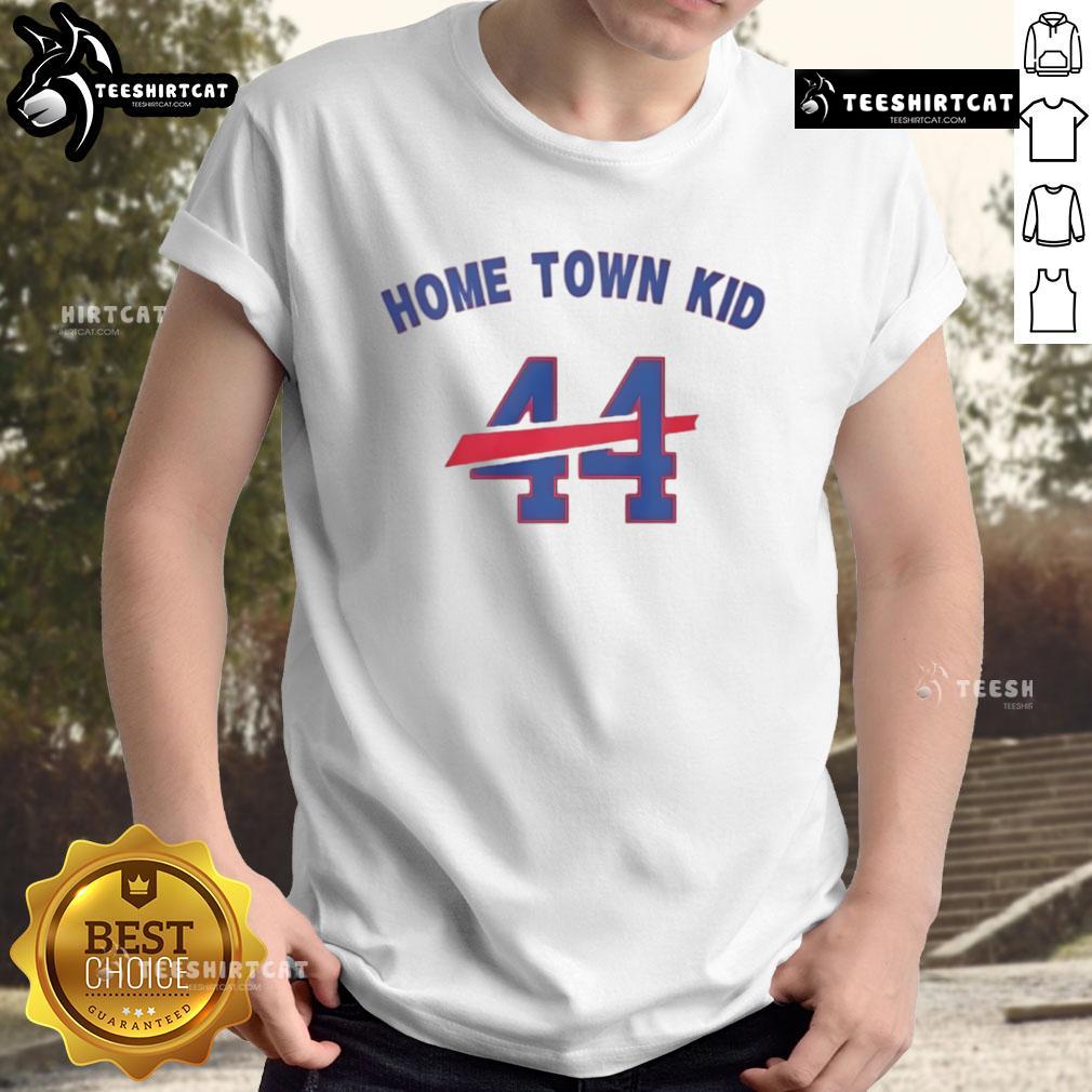 Alt Text: Original Home Town Kid 44 Buffalo Bills T-Shirt displayed on a hanger, featuring team colors and logo, perfect for fans.