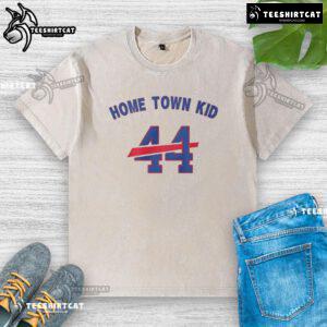 Original Home Town Kid 44 Buffalo Bills washed t-shirt displayed on a rustic wooden background for sports apparel enthusiasts.