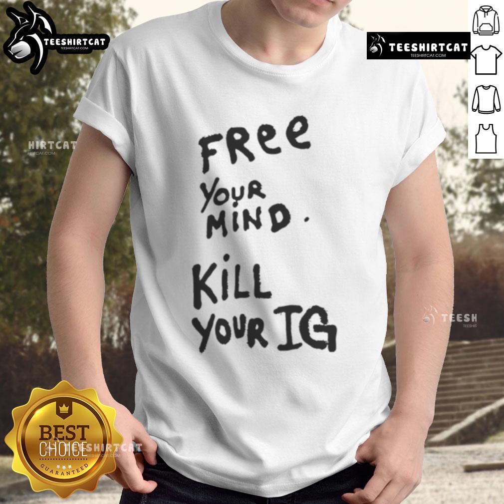 Joey Valence wearing a 'Free Your Mind Kill Your Ig' T-shirt, showcasing his unique style and artistic expression.
