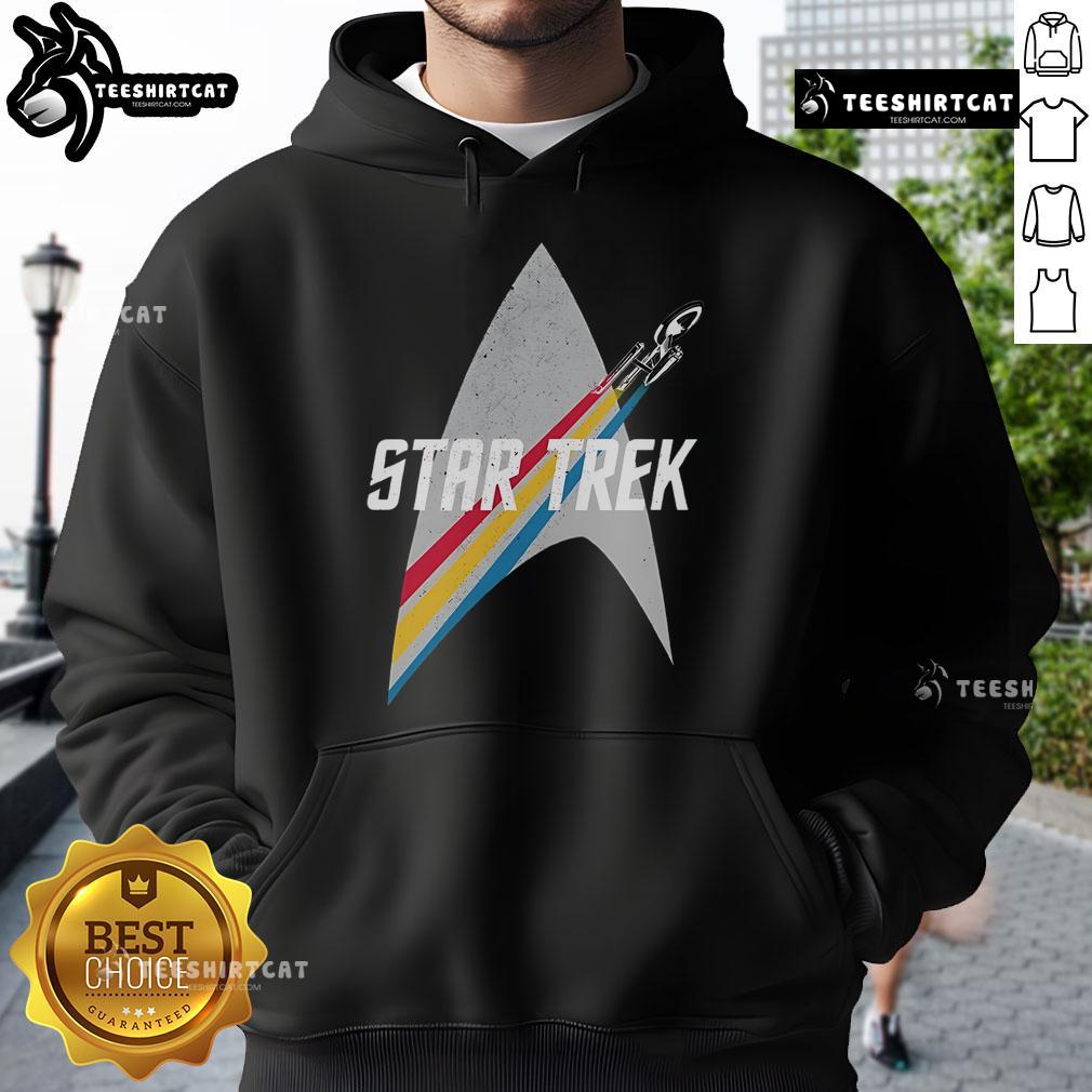 Original Star Trek Series retro striped logo hoodie featuring vibrant colors and a classic design for fans.