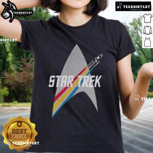 Original Star Trek Series Retro Striped Logo Ladies Tee featuring vibrant colors and classic design, perfect for fans.