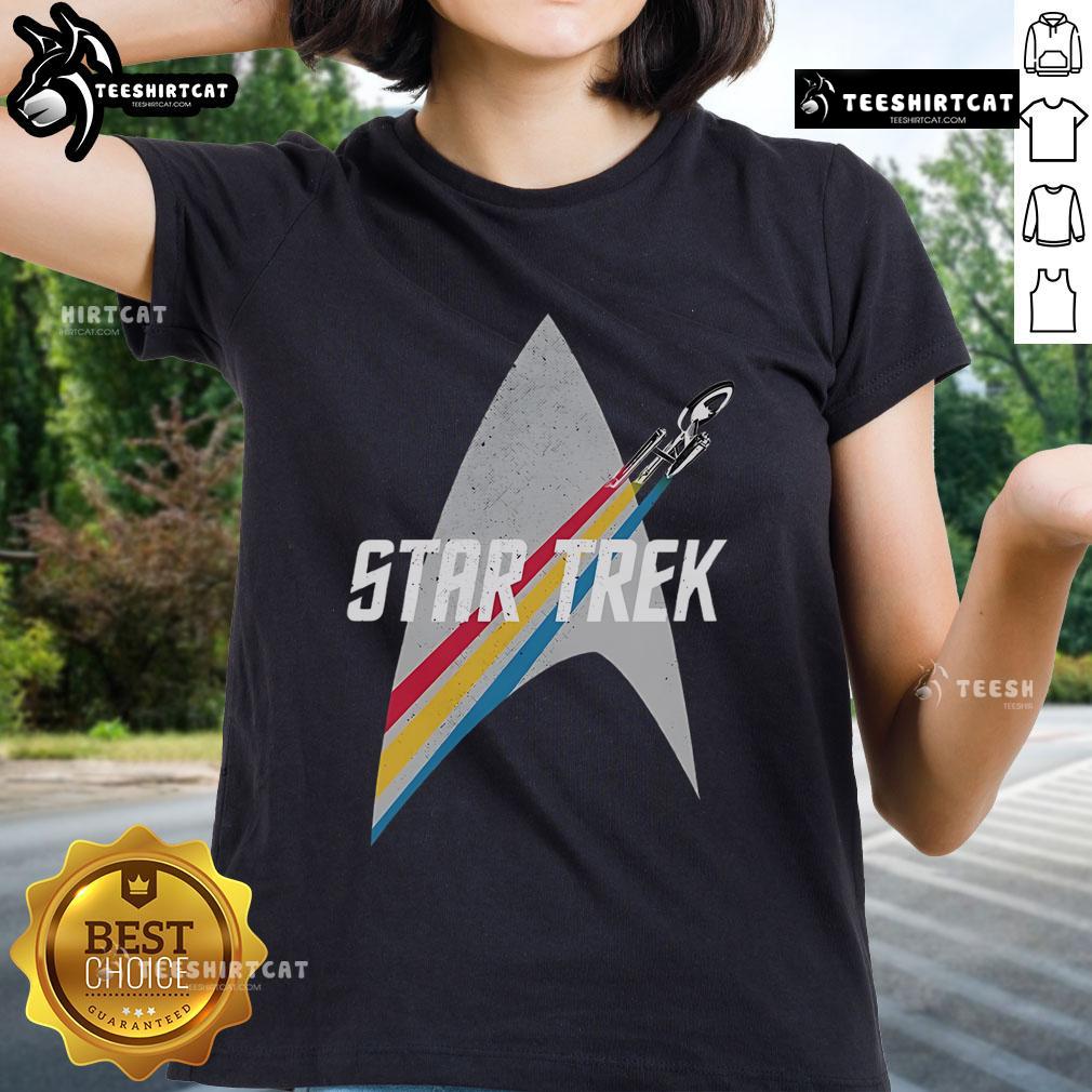 Original Star Trek Series Retro Striped Logo Ladies Tee featuring vibrant colors and classic design, perfect for fans.