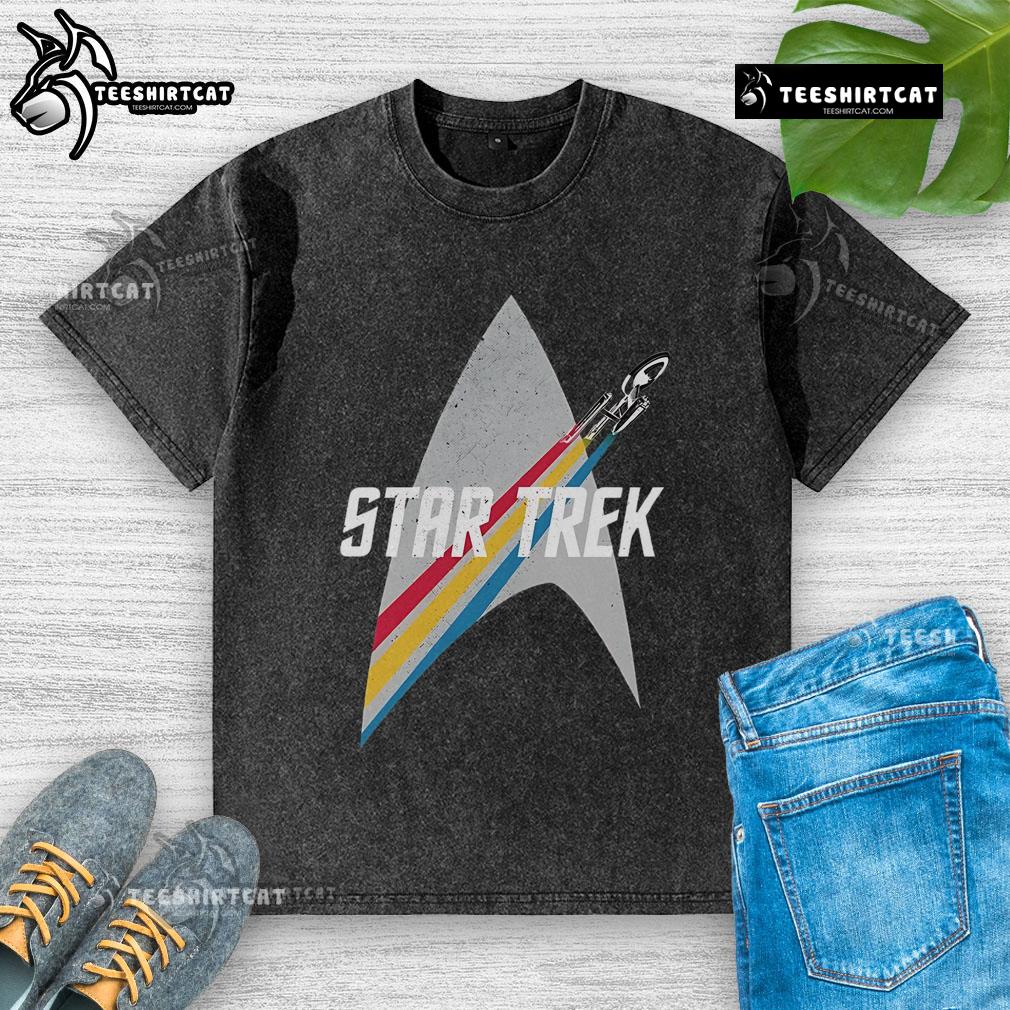 Original Star Trek Series retro striped logo washed t-shirt featuring vibrant colors and a classic design for fans.