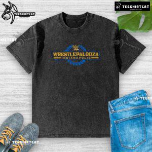 Alt Text: Original Wrestlepalooza Indianapolis logo on a washed t-shirt, perfect for wrestling fans and collectors.