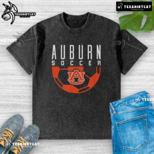Premium Auburn Tigers soccer logo on washed t-shirt, perfect Auburn University gear for fans and athletes.