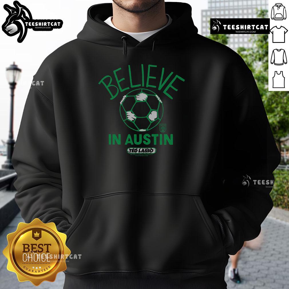 Premium Austin FC Homage MLS x Ted Lasso Believe Hoodie in green, showcasing a stylish design for soccer fans.
