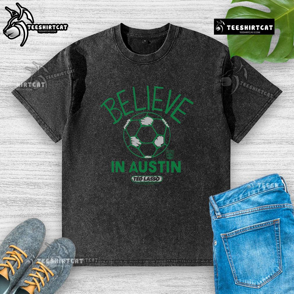 Premium Austin FC Homage MLS x Ted Lasso Believe washed t-shirt featuring vibrant colors and unique design.