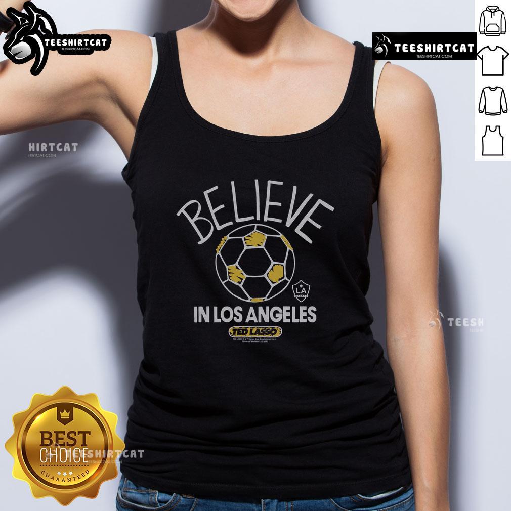 Premium LA Galaxy Homage MLS x Ted Lasso 'Believe' tank top featuring vibrant colors and stylish design for fans.