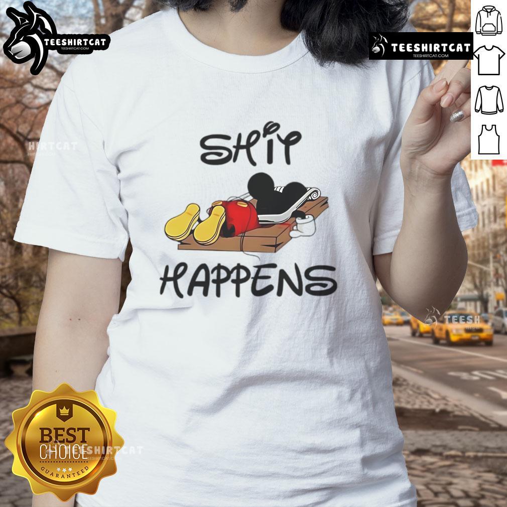 Premium Mickey Mouse Shit Happens Ladies Tee featuring a playful design and comfortable fit for casual wear.
