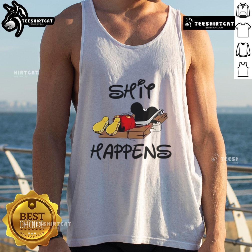 Premium Mickey Mouse Shit Happens Tank Top featuring vibrant graphics and a comfortable fit for casual wear.