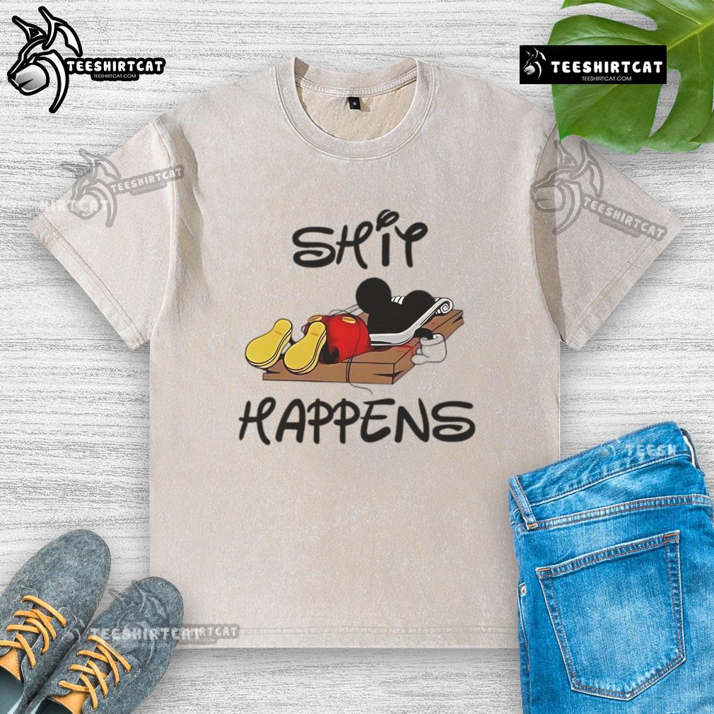 Premium Mickey Mouse Shit Happens Washed T-Shirt featuring a playful graphic design in a casual style.