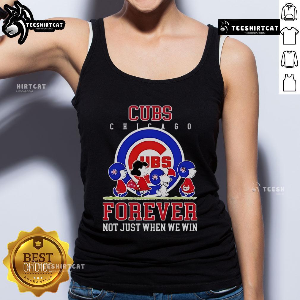 Premium Peanuts Charlie Brown Snoopy Chicago Cubs baseball tank top with 'Forever, Not Just When We Win' slogan.
