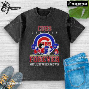Premium Peanuts Charlie Brown Snoopy Chicago Cubs baseball t-shirt featuring 'Forever, Not Just When We Win' slogan.