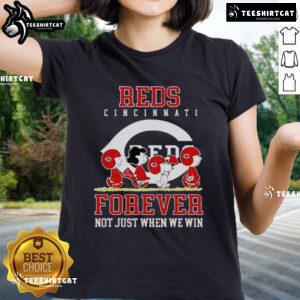 Premium Peanuts Charlie Brown Snoopy Cincinnati Reds Baseball Forever Ladies Tee showcasing vibrant team spirit.