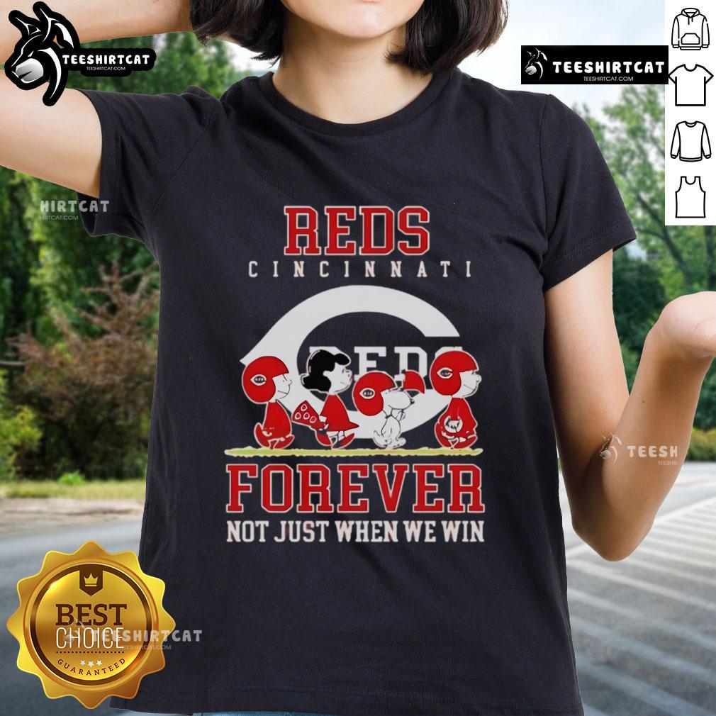 Premium Peanuts Charlie Brown Snoopy Cincinnati Reds Baseball Forever Ladies Tee showcasing vibrant team spirit.