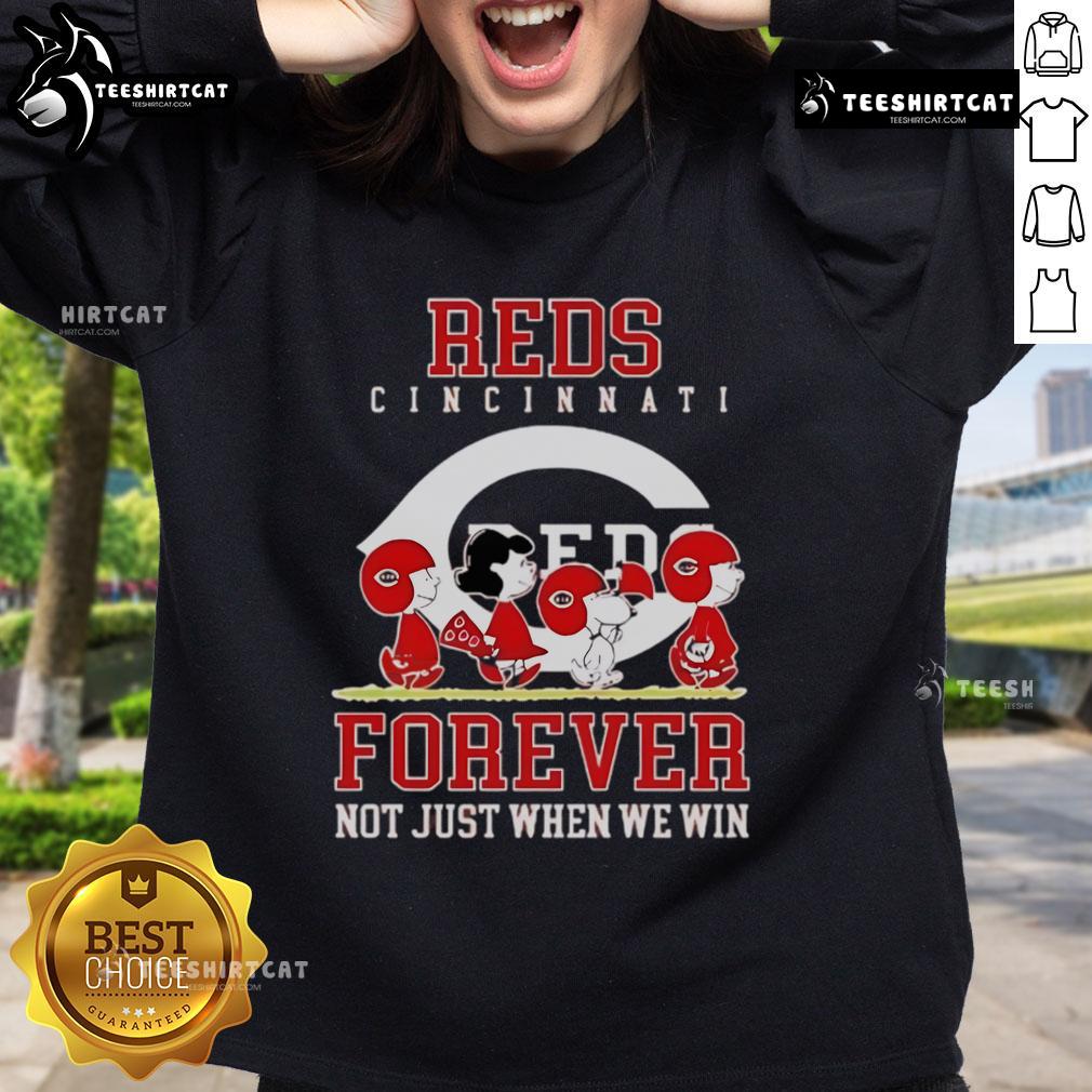 Premium peanuts sweatshirt featuring Charlie Brown, Snoopy, and Cincinnati Reds baseball slogan: 'Forever, Not Just When We Win.'