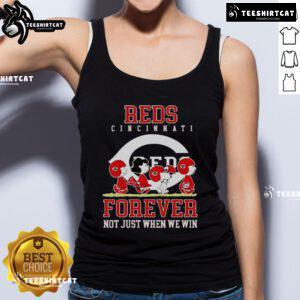 Premium Peanuts Charlie Brown Snoopy Cincinnati Reds baseball tank top with 'Forever, Not Just When We Win' slogan.