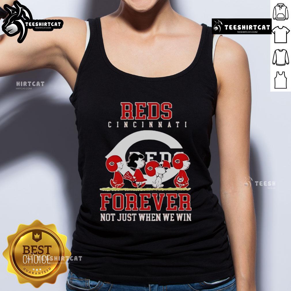 Premium Peanuts Charlie Brown Snoopy Cincinnati Reds baseball tank top with 'Forever, Not Just When We Win' slogan.