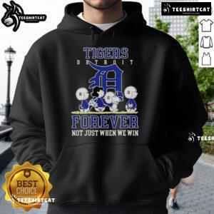 Premium Peanuts Charlie Brown Snoopy Detroit Tigers baseball hoodie with 'Forever, Not Just When We Win' slogan.