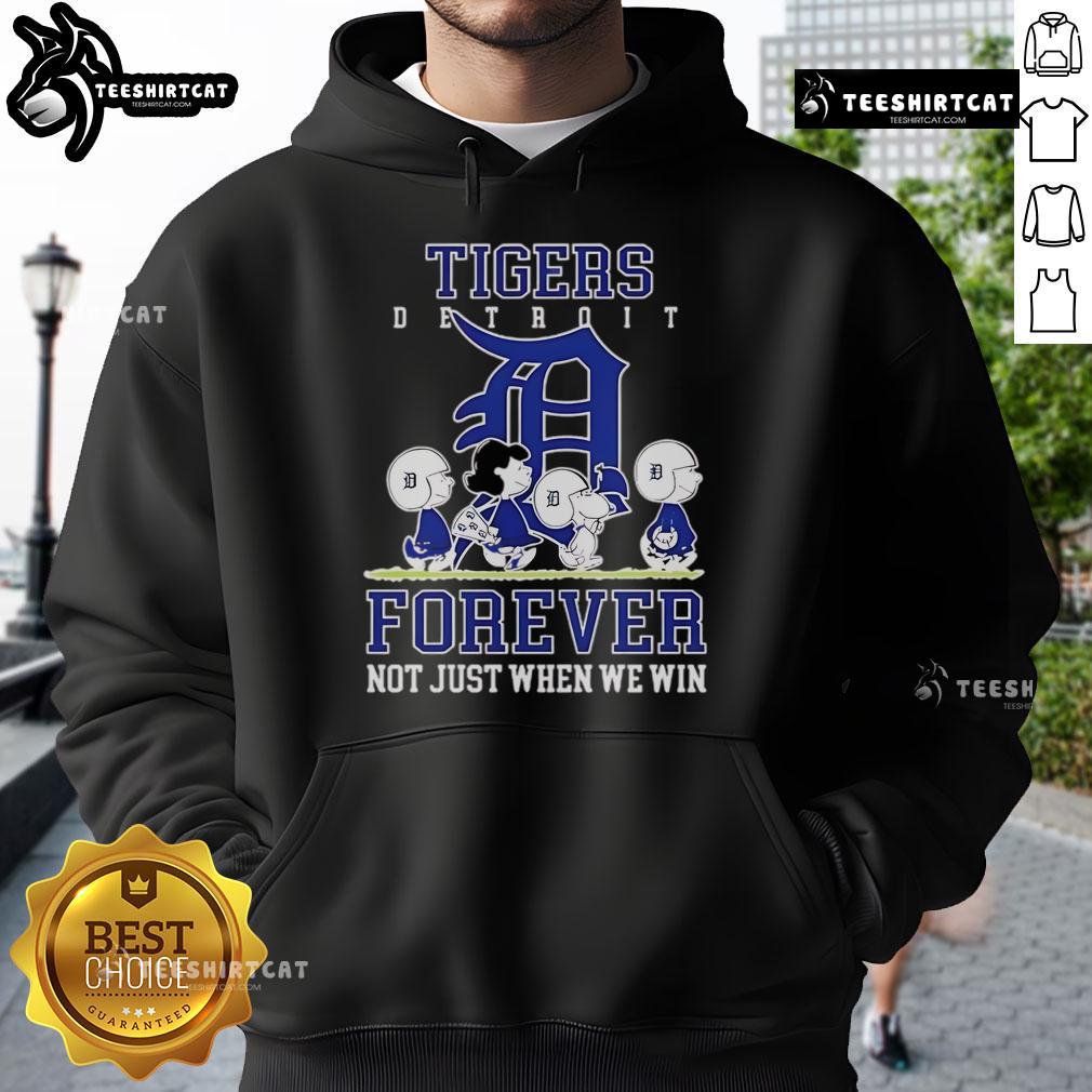 Premium Peanuts Charlie Brown Snoopy Detroit Tigers baseball hoodie with 'Forever, Not Just When We Win' slogan.